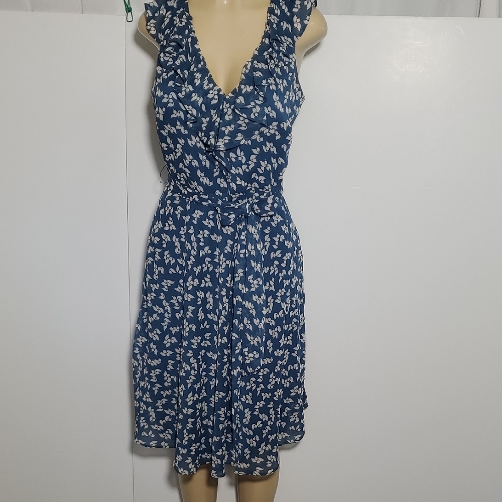 NWT Ralph Lauren Floral Ruffle Trim Georgette Dress Blue V-Neck Size 8